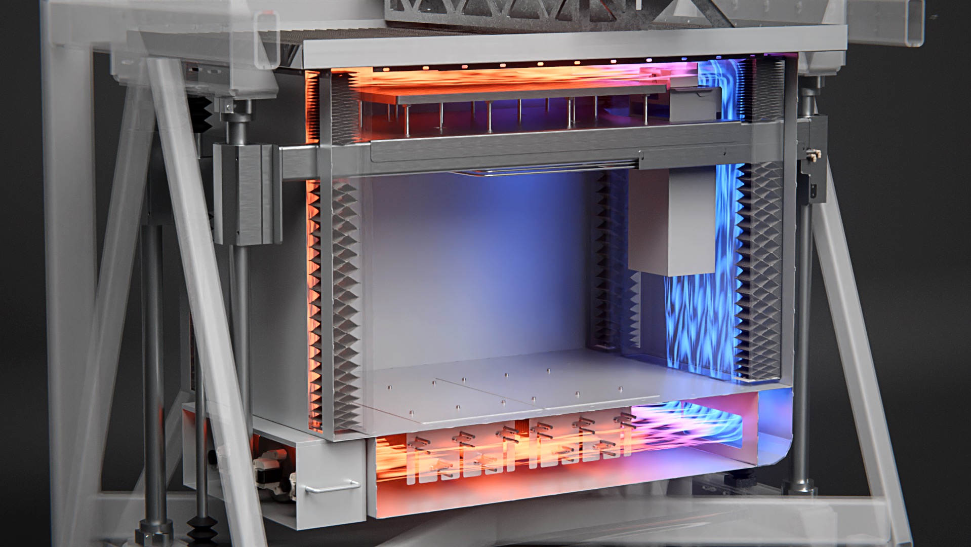 Przekrój 3D drukarki z widocznymi elementami grzewczymi i chłodzącymi, z efektem wizualizacji przepływu ciepła i chłodu.