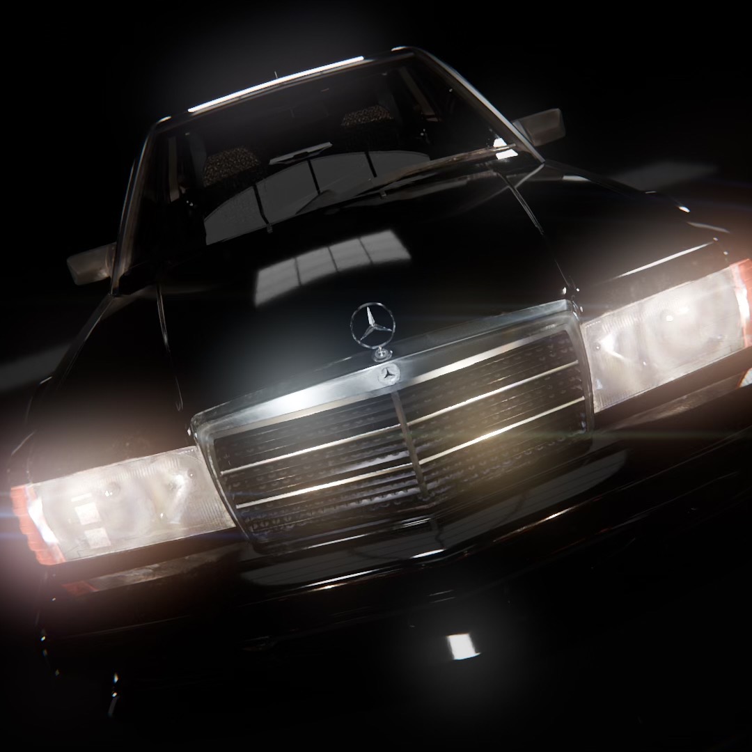 Czarny, klasyczny Mercedes-Benz 190E z chromowaną atrapą chłodnicy i reflektorami, uchwycony w niskim świetle, podkreślającym detale i elegancję pojazdu.