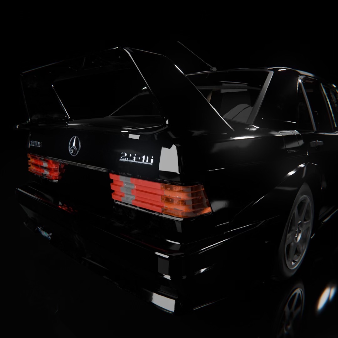 Czarny samochód Mercedes-Benz 190E 2.5-16 Evolution II z dużym spojlerem, widok z tyłu, render 3D w ciemnym otoczeniu.