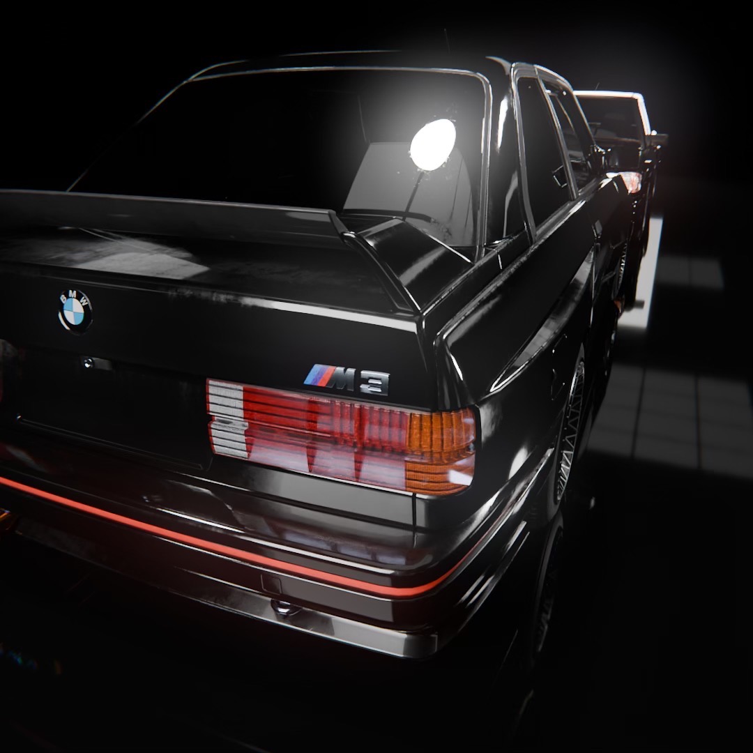 Czarny samochód BMW M3 E30 z tylnym spojlerem, widok od tyłu w ciemnym otoczeniu z widocznym logiem M3 i światłami