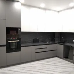 Nowoczesna kuchnia z szarymi szafkami dolnymi i białymi górnymi, czarny blat z marmurowym wzorem, płyta gazowa i piekarnik w zabudowie.