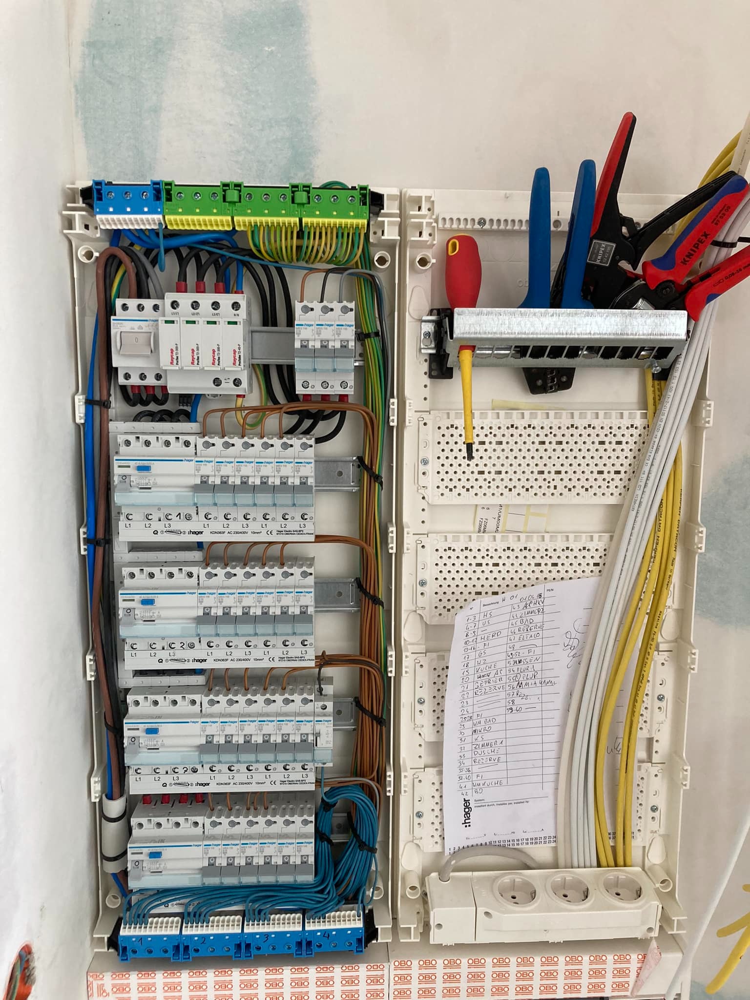 Rozdzielnica elektryczna w trakcie montażu, widoczne zabezpieczenia nadprądowe, wyłączniki różnicowoprądowe, listwy zaciskowe, przewody oraz narzędzia elektryczne, w tym szczypce i śrubokręt.