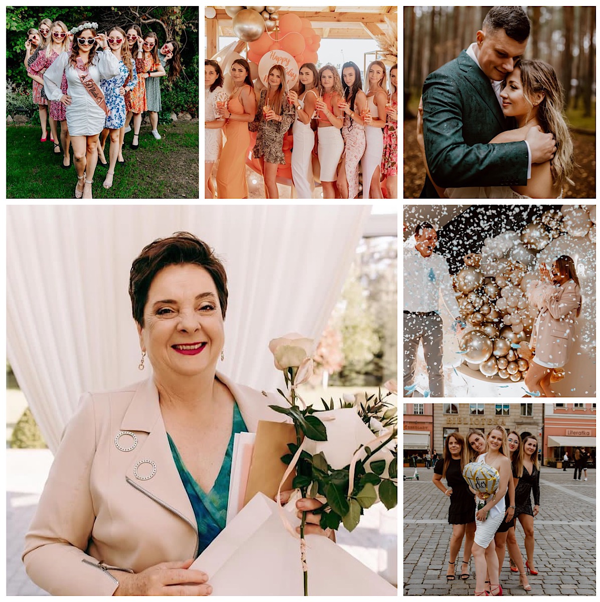 Kolaż zdjęć z uroczystości: grupa kobiet w sukienkach, para w lesie, kobieta trzymająca kwiaty i prezenty, oraz osoby świętujące z balonami i konfetti.
