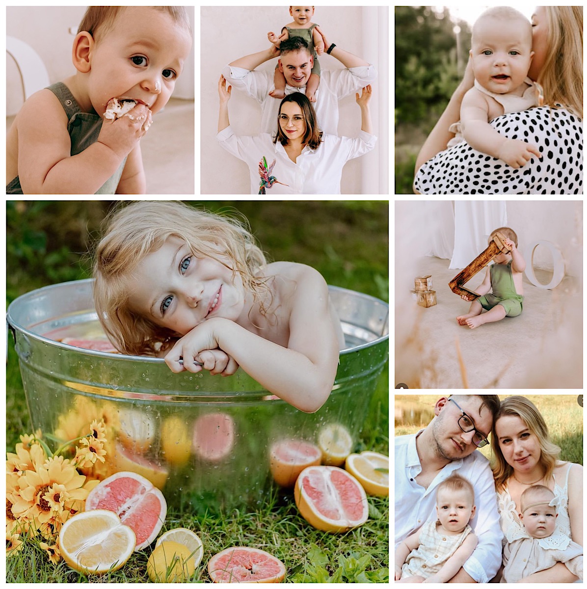 Kolaż zdjęć przedstawiający różnorodne ujęcia dzieci i rodzin: niemowlę jedzące ciasto, rodzina z niemowlęciem na ramionach ojca, dziecko trzymane na rękach, dziewczynka w metalowej balii...