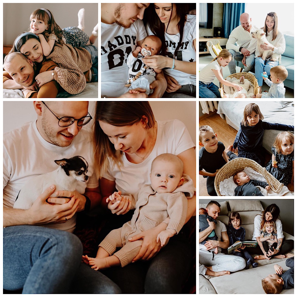 Kolaż z rodzinnych zdjęć: uśmiechnięte pary z dziećmi, niemowlęta w koszach, dzieci czytające książkę z rodzicami, pies chihuahua w ramionach rodziców z niemowlęciem.