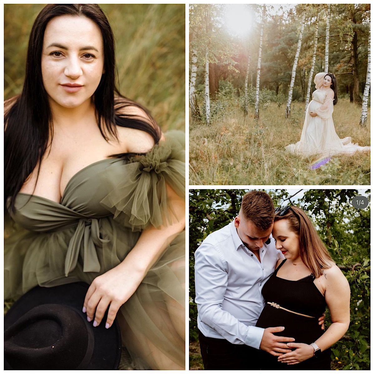Kolaż zdjęć: portret kobiety w zielonej sukni z kapeluszem, sesja w lesie w zwiewnej sukni, para obejmująca brzuch ciążowy.