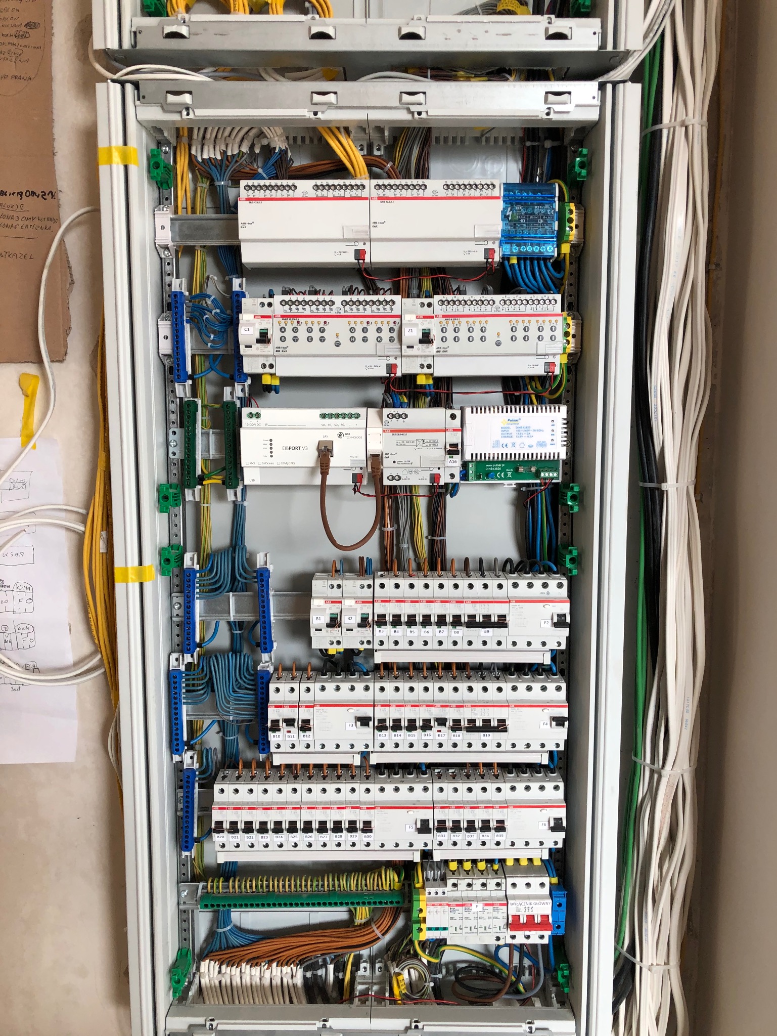 Rozdzielnica elektryczna z widocznymi zabezpieczeniami, przewodami o różnych kolorach i modułami sterującymi, zamontowana wewnątrz obudowy, z notatkami technicznymi na ścianie obok.