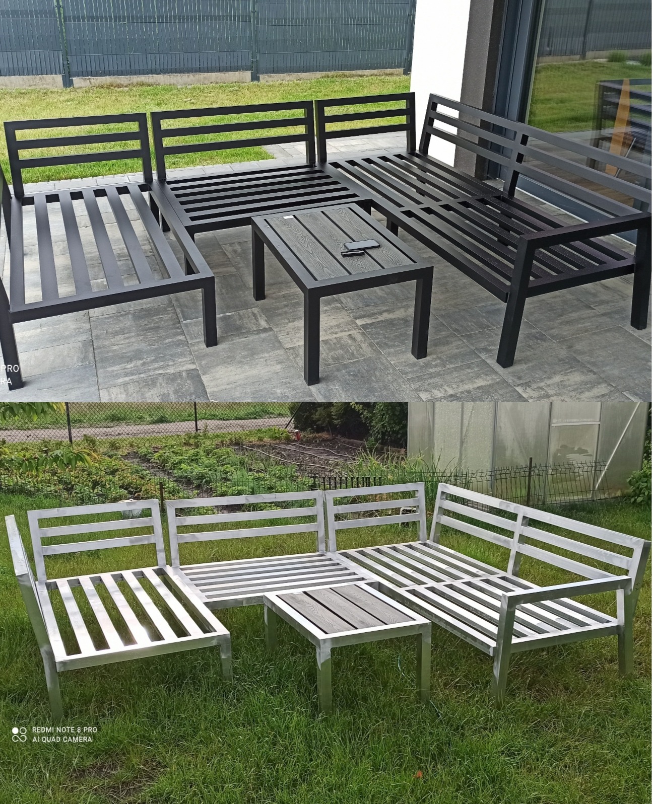 Dwa ujęcia tego samego metalowego zestawu mebli ogrodowych: czarne na tarasie i srebrne na trawie. Nowoczesny design z prostymi liniami i stolikiem kawowym.