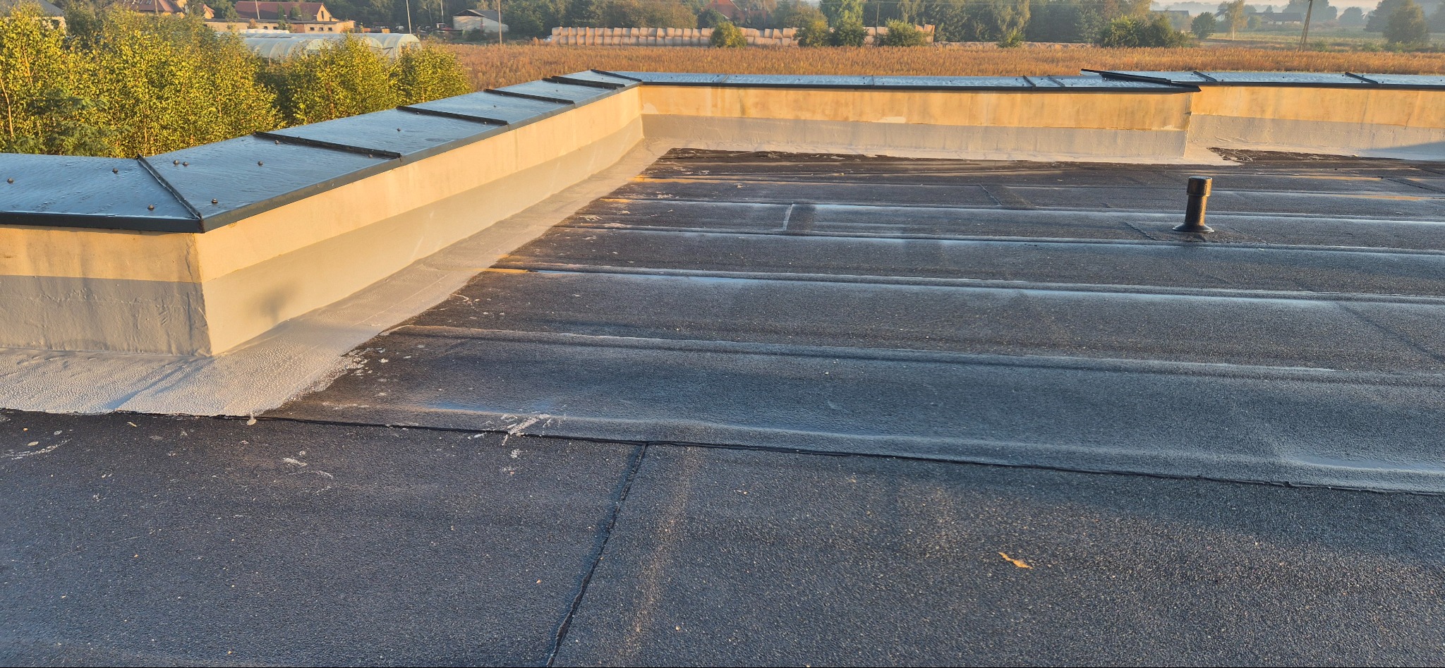 Widok z góry na płaski dach pokryty papą, z obróbkami blacharskimi i kominkiem wentylacyjnym, z widocznym polem i drzewami w tle.