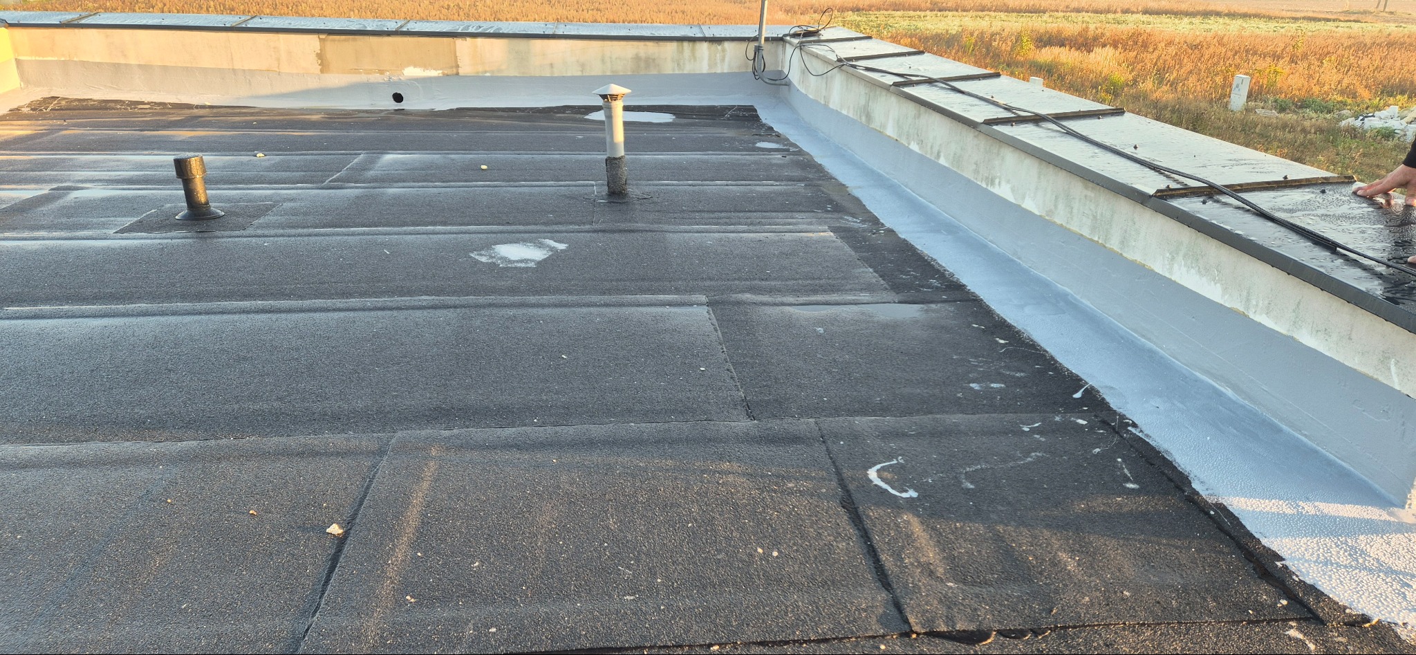 Płaski dach pokryty papą z widocznymi kominkami wentylacyjnymi i nowo uszczelnionym obrzeżem, w tle pole.