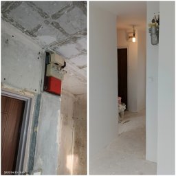 Yakiv Shevchenko - Zdjęcie 'przed i po' prezentujące odnowione wnętrze: surowy stan z instalacją elektryczną i gładkie, pomalowane ściany w jasnym odcieniu. Widoczny licznik gazu i puszka elektryczna.