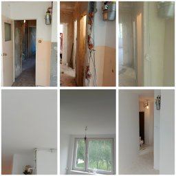 Yakiv Shevchenko - Kolaż zdjęć z remontowanego mieszkania: stan surowy i po gładziowaniu. Widoczne ściany, okno, instalacje, fragmenty korytarza. Jasne, neutralne kolory ścian.