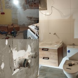 Yakiv Shevchenko - Ujęcie 'przed i po' remontu łazienki: surowe ściany z instalacją vs. wykończona łazienka z białą armaturą i drewnianą szafką pod umywalką, płytki podłogowe imitujące drewno.