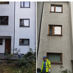 Yakiv Shevchenko - Zdjęcie 'przed i po' przedstawia elewację budynku: po lewej stronie świeżo pomalowana na biało, po prawej - szara, z widocznym pracownikiem w odblaskowej kamizelce.