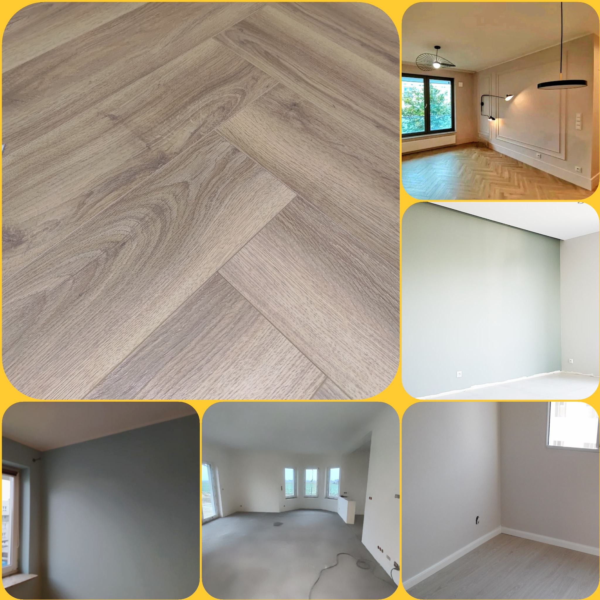Kompozycja zdjęć przedstawiająca etapy wykończenia wnętrza: zbliżenie na ułożony parkiet w jodełkę, pokój z wykończonym parkietem i oświetleniem, pomalowane ściany w różnych odcieniach szarości...