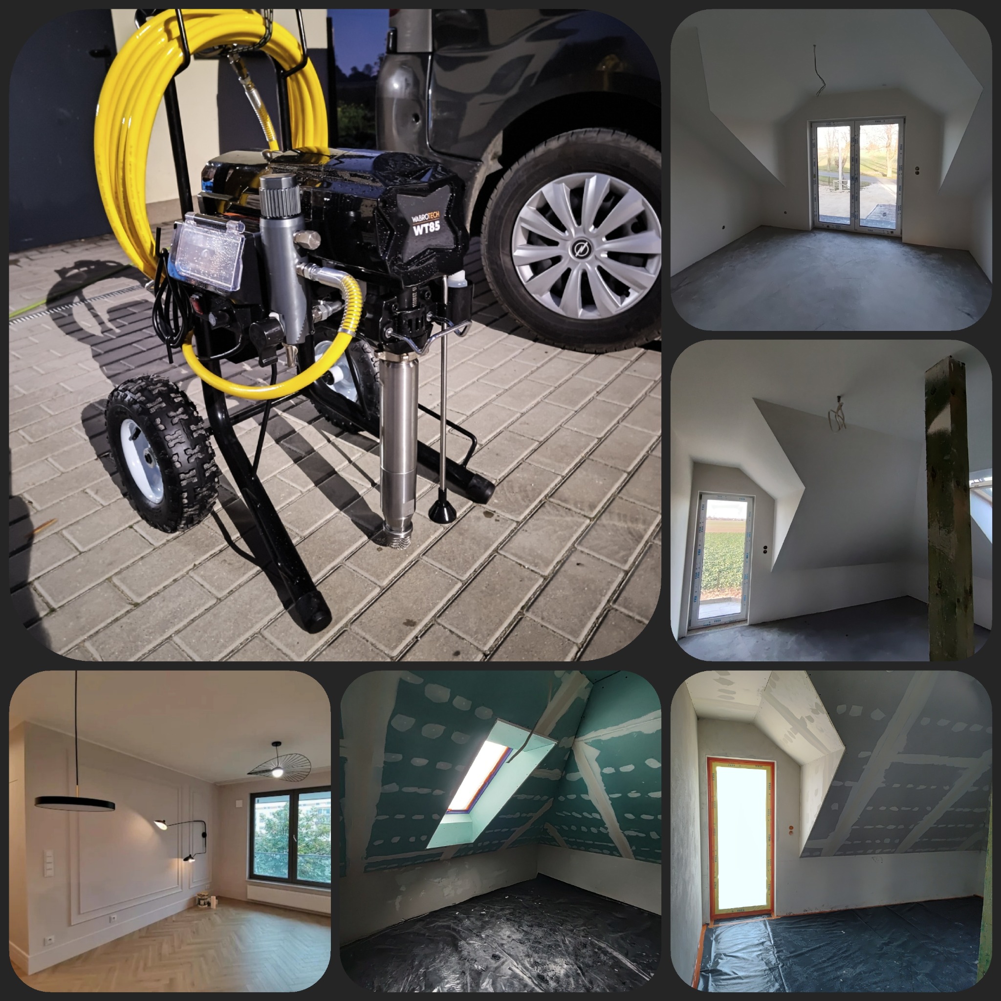 Agregat malarski WABROTECH WT85 na tle samochodu dostawczego, obok zdjęcia wnętrz w trakcie prac wykończeniowych: pokój ze ścianami z płyt gipsowo-kartonowych, pokój ze świeżo wylaną posadzką...