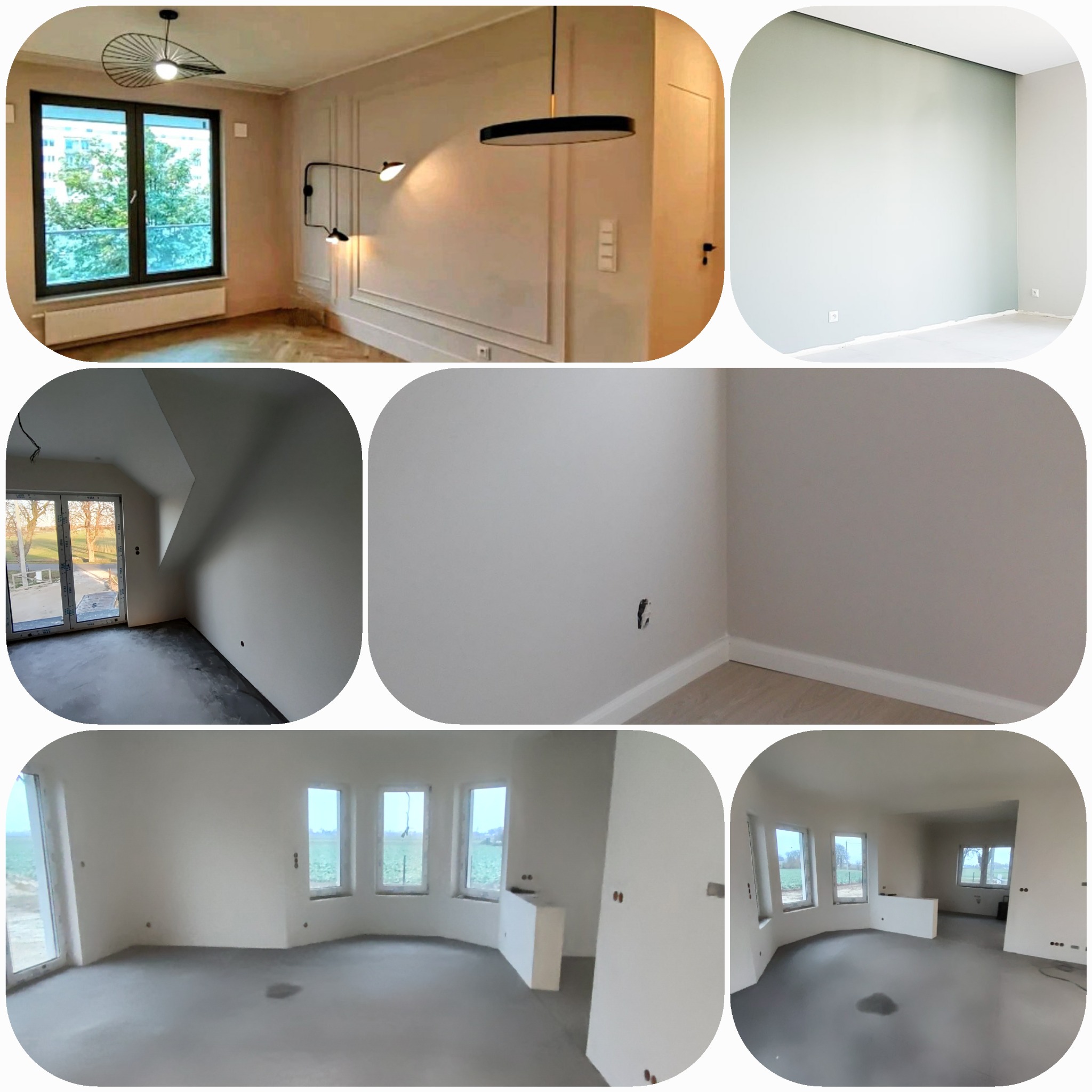 Kolaż zdjęć przedstawiających wnętrza w trakcie lub po remoncie: salon z parkietem, nowoczesnym oświetleniem i dekoracyjną sztukaterią; pokój z białymi ścianami i listwami przypodłogowymi; poddasze...