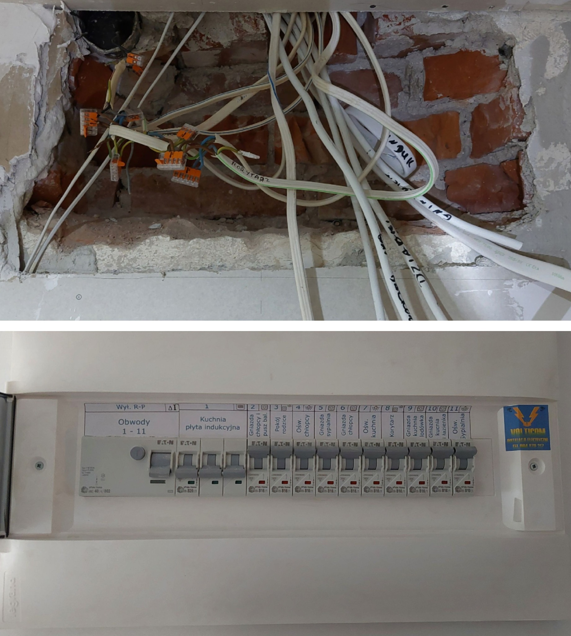 Niezabezpieczone kable elektryczne wystające z dziury w ścianie z cegły, powyżej skrzynki bezpiecznikowej Eaton z opisem obwodów. Widoczne pomarańczowe złączki WAGO.