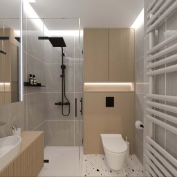 JAVA Architekci - Wizualizacja nowoczesnej łazienki z kabiną prysznicową typu walk-in, umywalką nablatową i grzejnikiem drabinkowym, wykończonej w szarościach i beżach, z akcentami czerni.