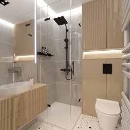 JAVA Architekci - Wizualizacja nowoczesnej łazienki z kabiną prysznicową typu walk-in, umywalką nablatową na szafce z lamelami, toaletą i grzejnikiem drabinkowym. Podłoga wyłożona płytkami w stylu lastryko.