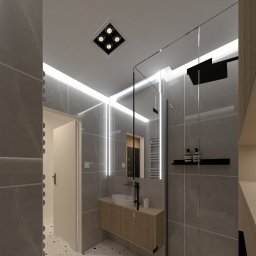 JAVA Architekci - Wizualizacja nowoczesnej łazienki z kabiną prysznicową typu walk-in, umywalką nablatową na szafce z lamelami oraz podświetleniem LED wzdłuż ścian i sufitu, widok z perspektywy wejścia.