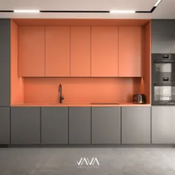 Minimalistyczna kuchnia z szarymi szafkami i koralowym panelem ściennym, czarna armatura, toster SMEG, dwa piekarniki w zabudowie, widok na zewnątrz przez żaluzje.