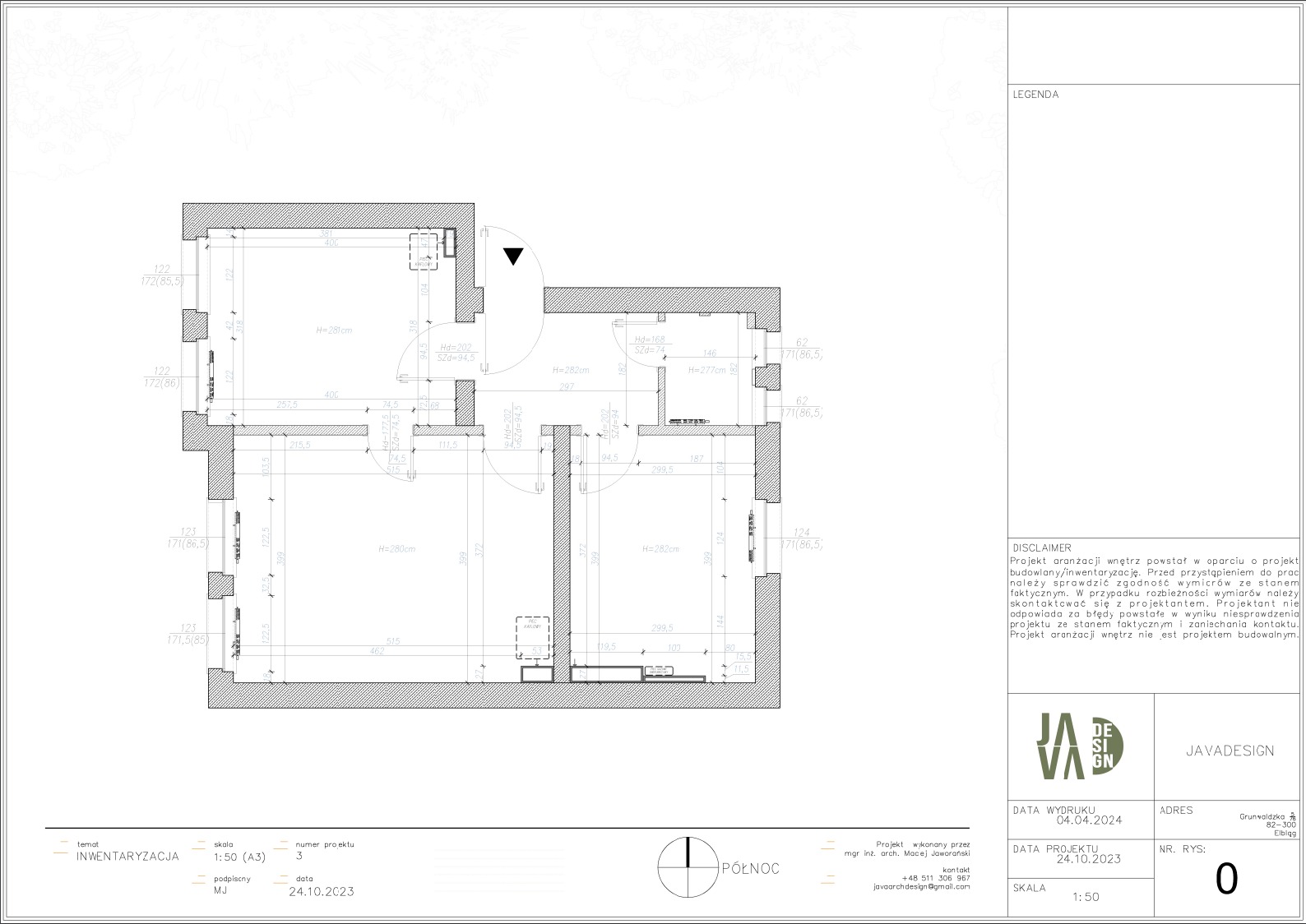 Plan inwentaryzacyjny mieszkania z wymiarami ścian, wysokościami i oznaczeniami, skala 1:50, data wydruku 04.04.2024, projekt wykonany przez mgr inż. arch. Macieja Jaworańskiego, Javadesign.