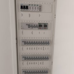El.kat - Rozdzielnica elektryczna z bezpiecznikami i wyłącznikami różnicowoprądowymi, widoczne oznaczenia gniazd i urządzeń. Ujęcie z bliska, oświetlenie naturalne.