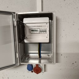 El.kat - Otwarta, biała skrzynka elektryczna z licznikiem i bezpiecznikami, zamontowana na szarej, surowej ścianie. Widoczne gniazda siłowe z niebieską i czerwoną wtyczką.