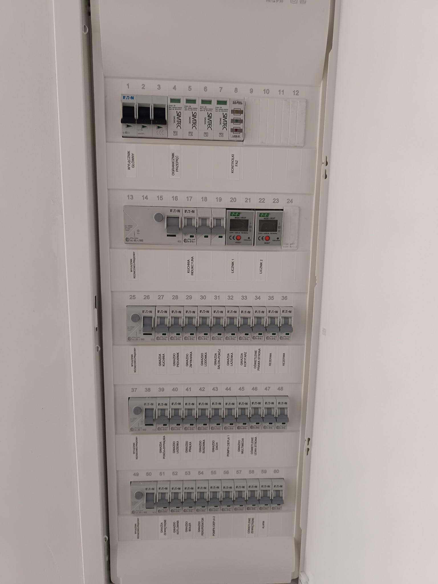 Rozdzielnica elektryczna z bezpiecznikami i wyłącznikami różnicowoprądowymi, widoczne oznaczenia gniazd i urządzeń. Ujęcie z bliska, oświetlenie naturalne.