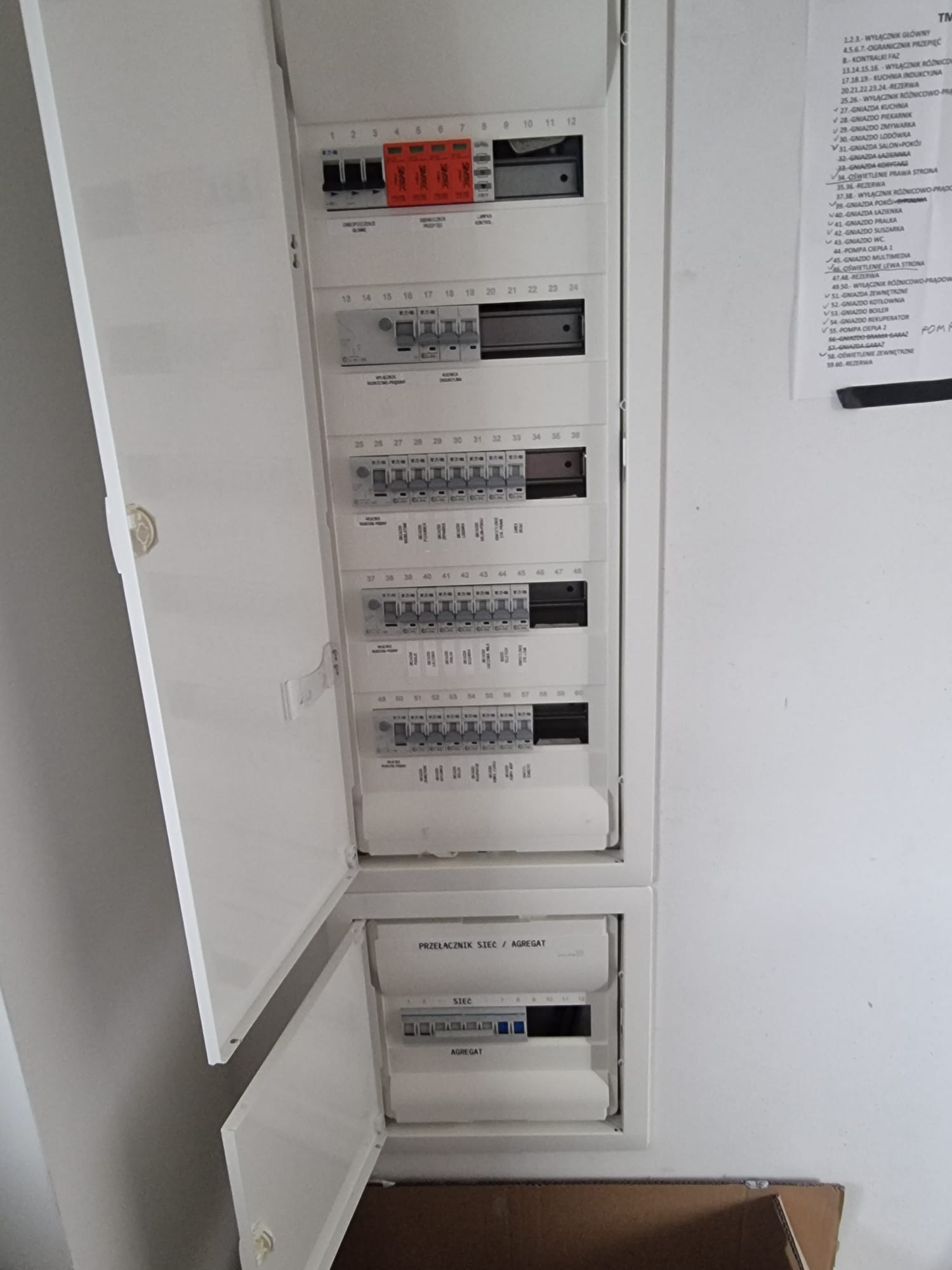 Otwarta, biała skrzynka elektryczna z bezpiecznikami i przełącznikami, widoczne opisy obwodów. Tabliczka z rozpiską obwodów po prawej stronie.