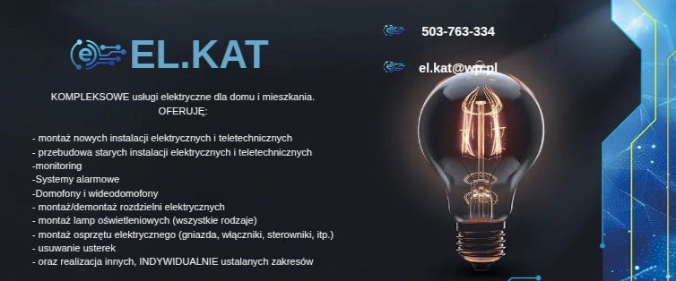 Grafika firmy EL.KAT oferującej kompleksowe usługi elektryczne: montaż instalacji, monitoring, alarmy, domofony, montaż oświetlenia i osprzętu. Żarówka w tle.