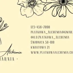 Wizytówka kwiaciarni Płatkowa Alchemia z ilustracjami kwiatów, numerem telefonu, adresem email, adresem lokalizacji i adresem strony internetowej.