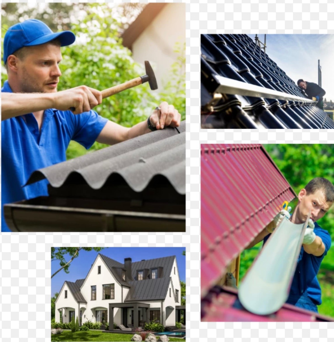 Montaż elementu dachu przez dekarza z użyciem młotka, widoczne fragmenty dachu z różnymi pokryciami oraz wizualizacja domu z ciemnym dachem.