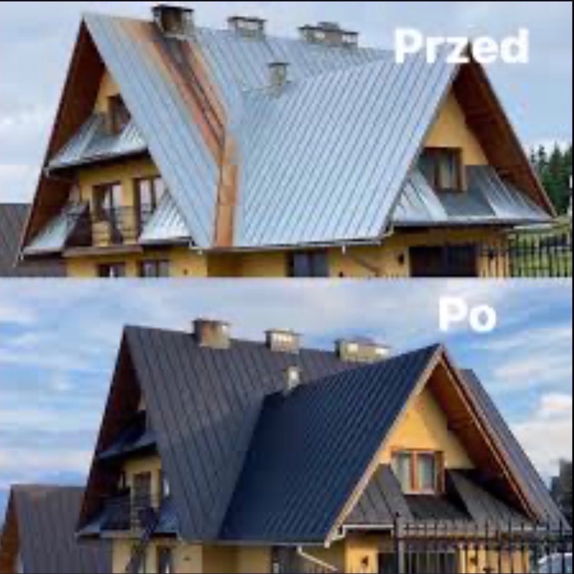 Porównanie dachu domu przed i po renowacji: zardzewiały, srebrny dach kontra nowy, ciemnoszary dach z blachy na tle błękitnego nieba i zieleni.