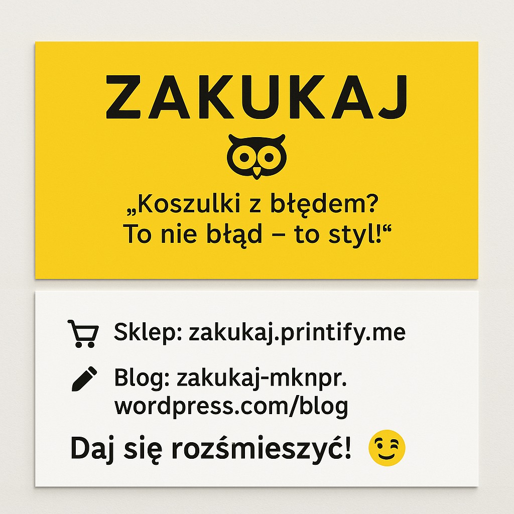 Żółto-biała wizytówka z czarnym tekstem 'ZAKUKAJ', hasłem o koszulkach z błędem i adresami sklepu i bloga online. Grafika z sową i emotikoną.
