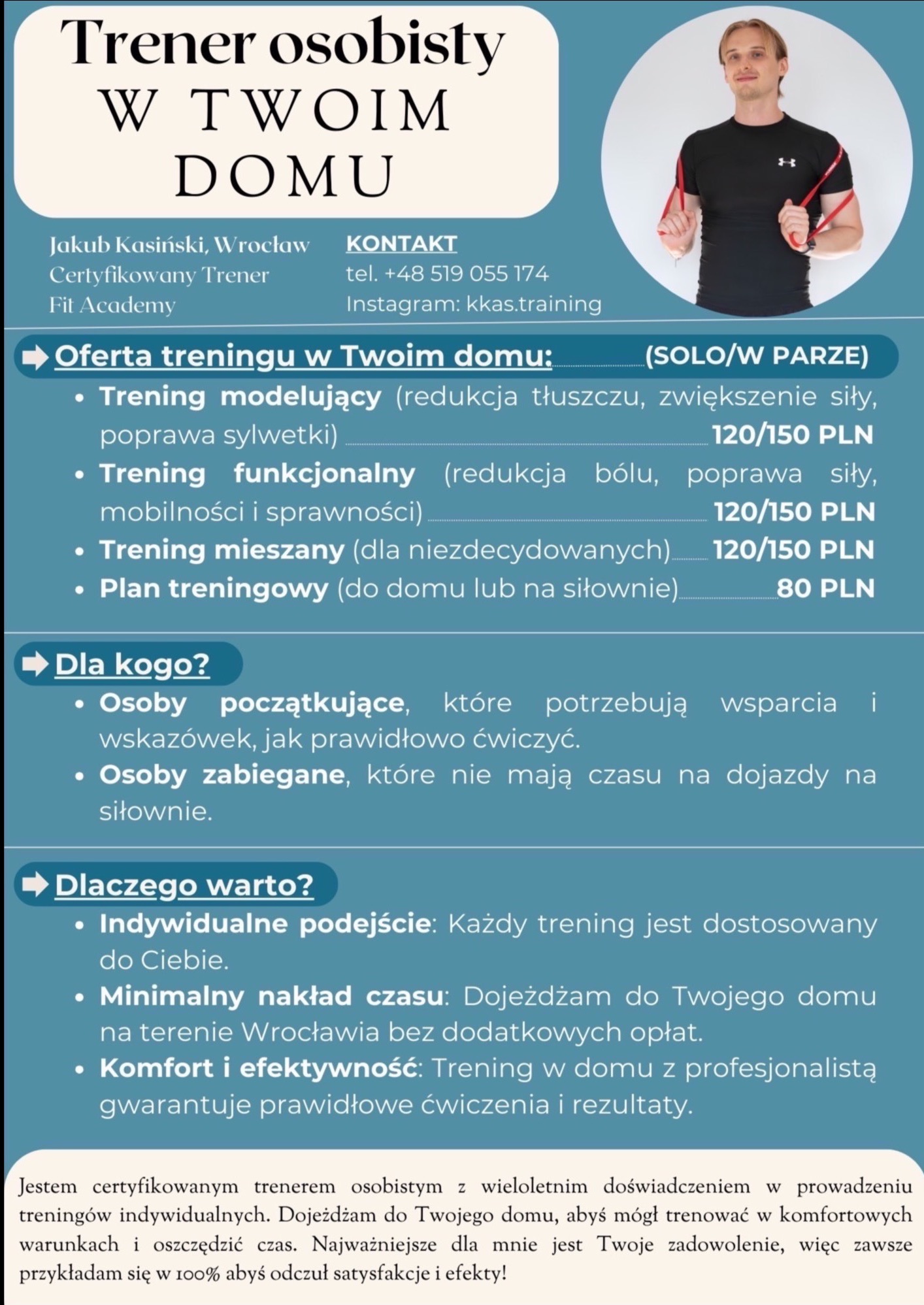 Ogłoszenie trenera personalnego z ofertą treningów w domu, cennikiem i danymi kontaktowymi, z wizerunkiem trenera z gumami oporowymi.