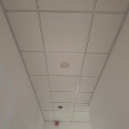 Konrad Rojek - Kasetonowy sufit podwieszany z widocznymi lampami i czujnikiem dymu w jasnym pomieszczeniu biurowym.