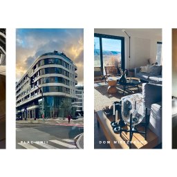 Muchas Gracias - video i social media - Kompozycja czterech zdjęć: spiralny parking hotelu Westin, nowoczesny budynek biurowy Plac Unii, salon w domu mieszkalnym i designerskie schody w hotelu Nobu.