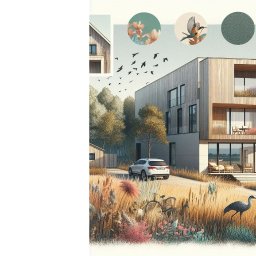 Muchas Gracias - video i social media - Wizualizacja nowoczesnego domu z drewnianą elewacją, otoczonego trawami i drzewami, z samochodem zaparkowanym na podjeździe oraz rodziną spacerującą w oddali brzegiem morza. Kompozycja uzupełniona...