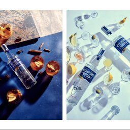 Muchas Gracias - video i social media - Dwie sceny: po lewej butelka wódki Wyborowa, szklanki z drinkiem, anyż gwiaździsty i laski cynamonu na niebieskim tle z fragmentem marmuru; po prawej dwie butelki wódki Wyborowa i różne szklanki...