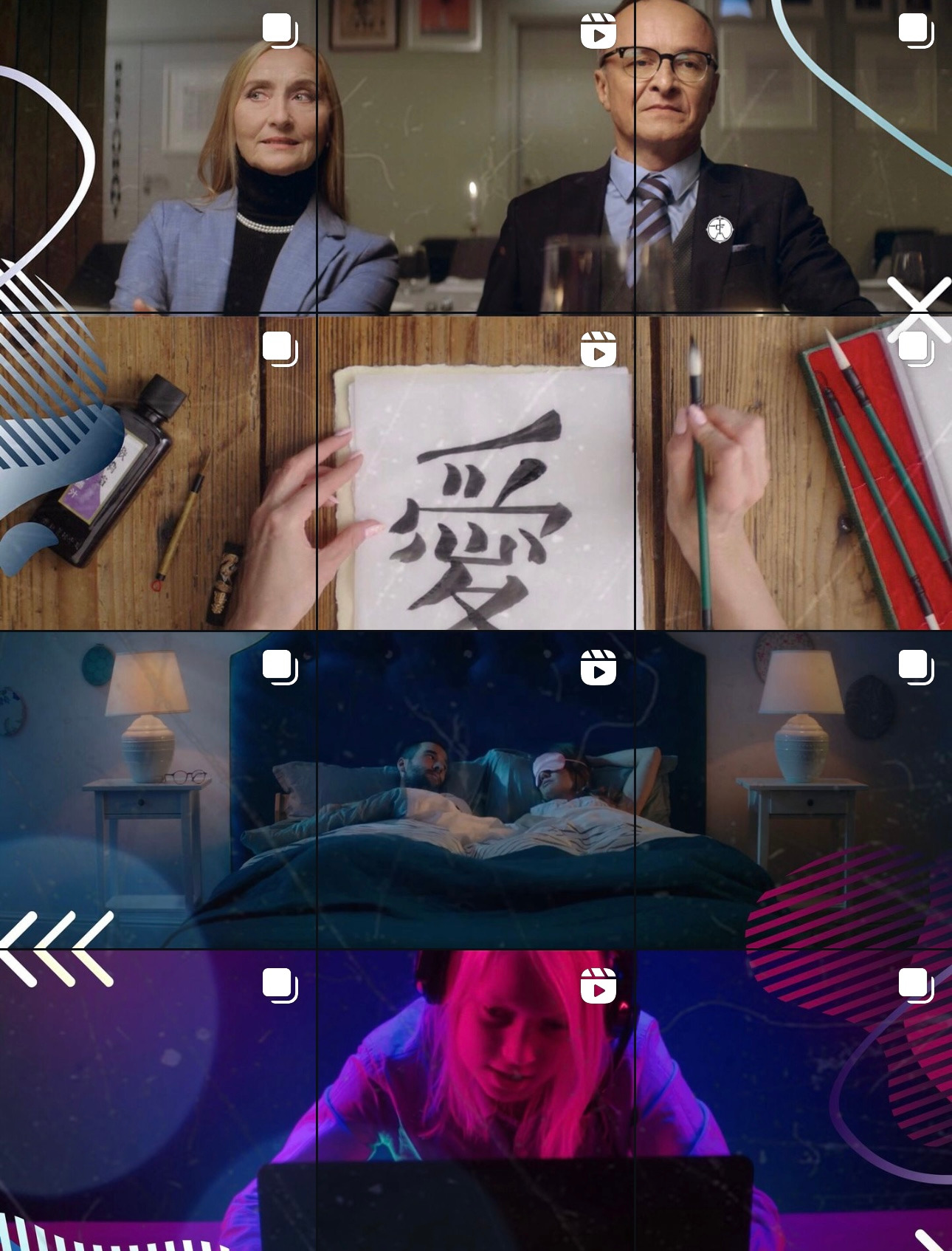 Wielopanelowy kolaż wideo: elegancka para przy stole, kaligrafia japońska w trakcie tworzenia, para w łóżku z lampką nocną, blondynka w słuchawkach przed laptopem w neonowym oświetleniu.