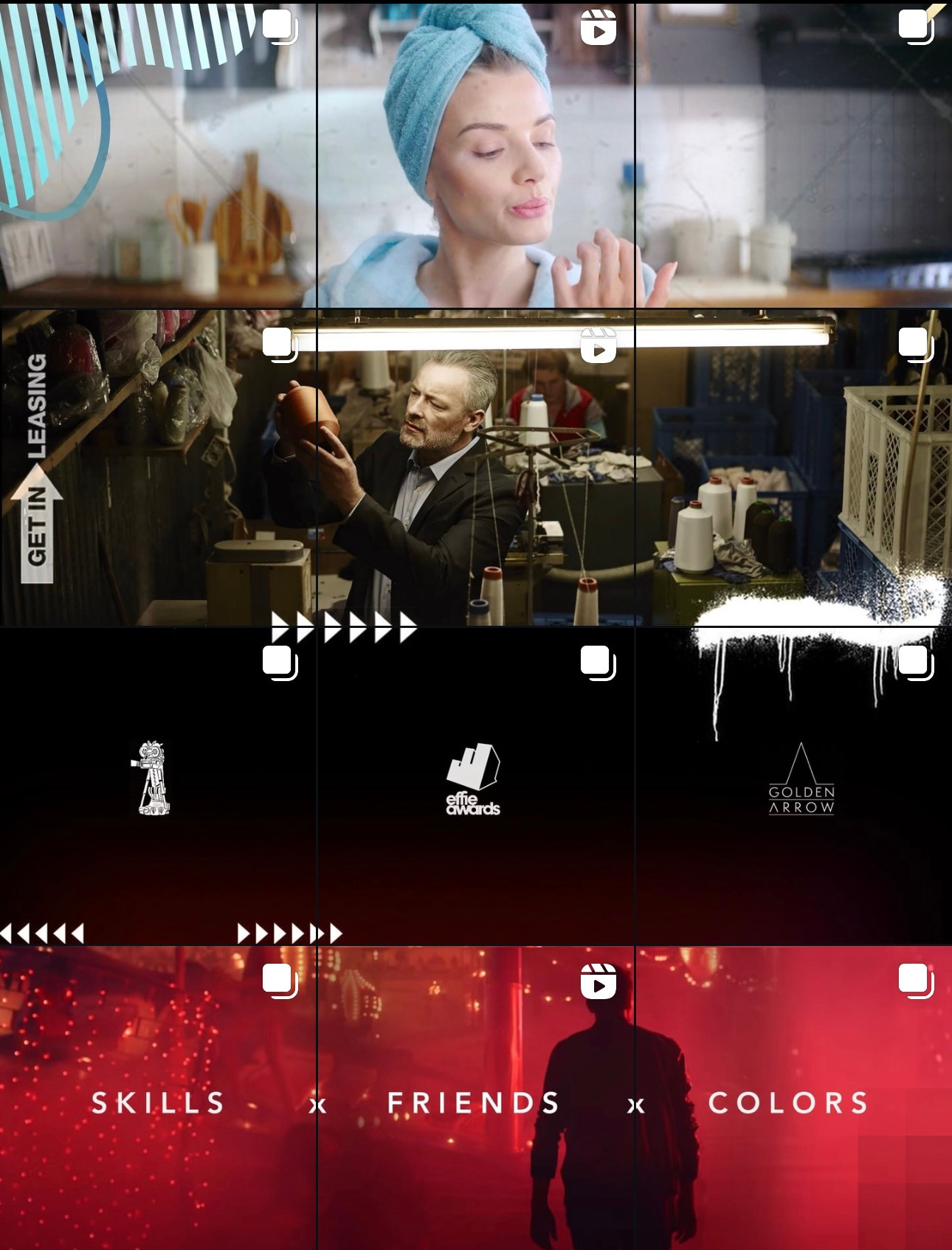 Kompilacja wideo zawierająca ujęcia kobiety z ręcznikiem na głowie, mężczyzny w fabryce trzymającego gliniany przedmiot, logotypów nagród i osoby idącej w czerwonym świetle z napisami SKILLS...