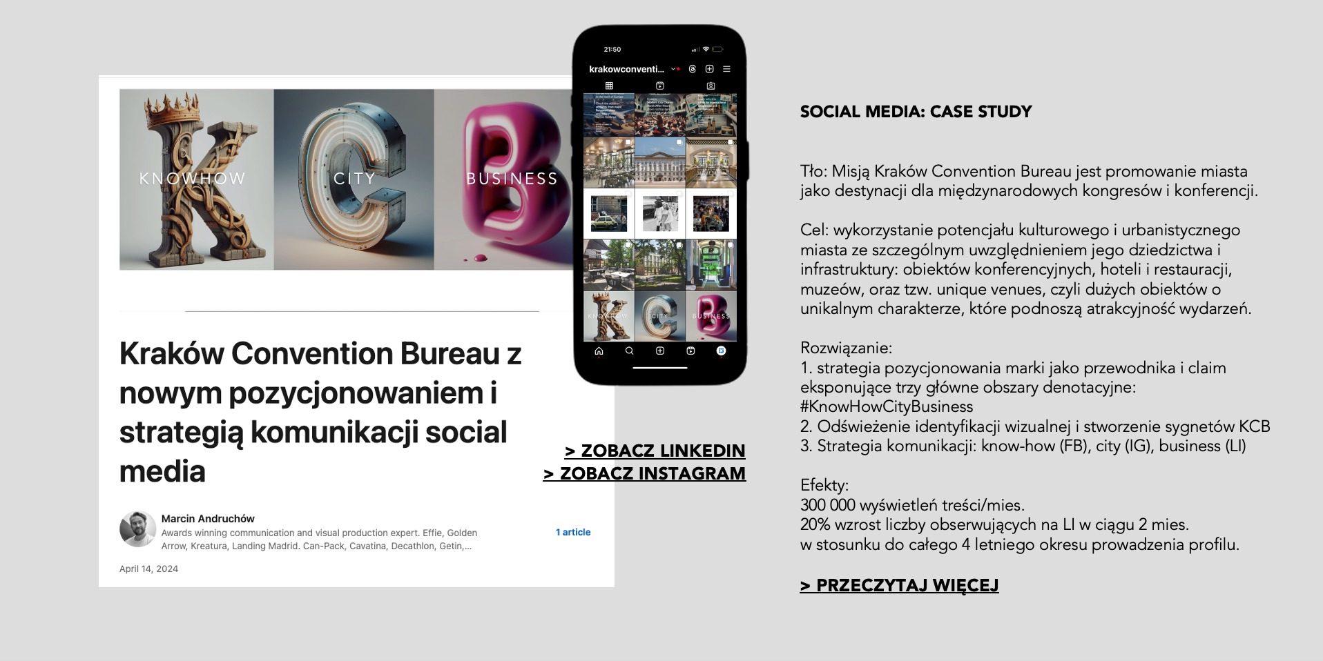 Grafika przedstawiająca rebranding Kraków Convention Bureau z wykorzystaniem liter K, C i B w różnych stylach graficznych: litera K w formie rzeźby, litera C jako neon, litera B w formie...