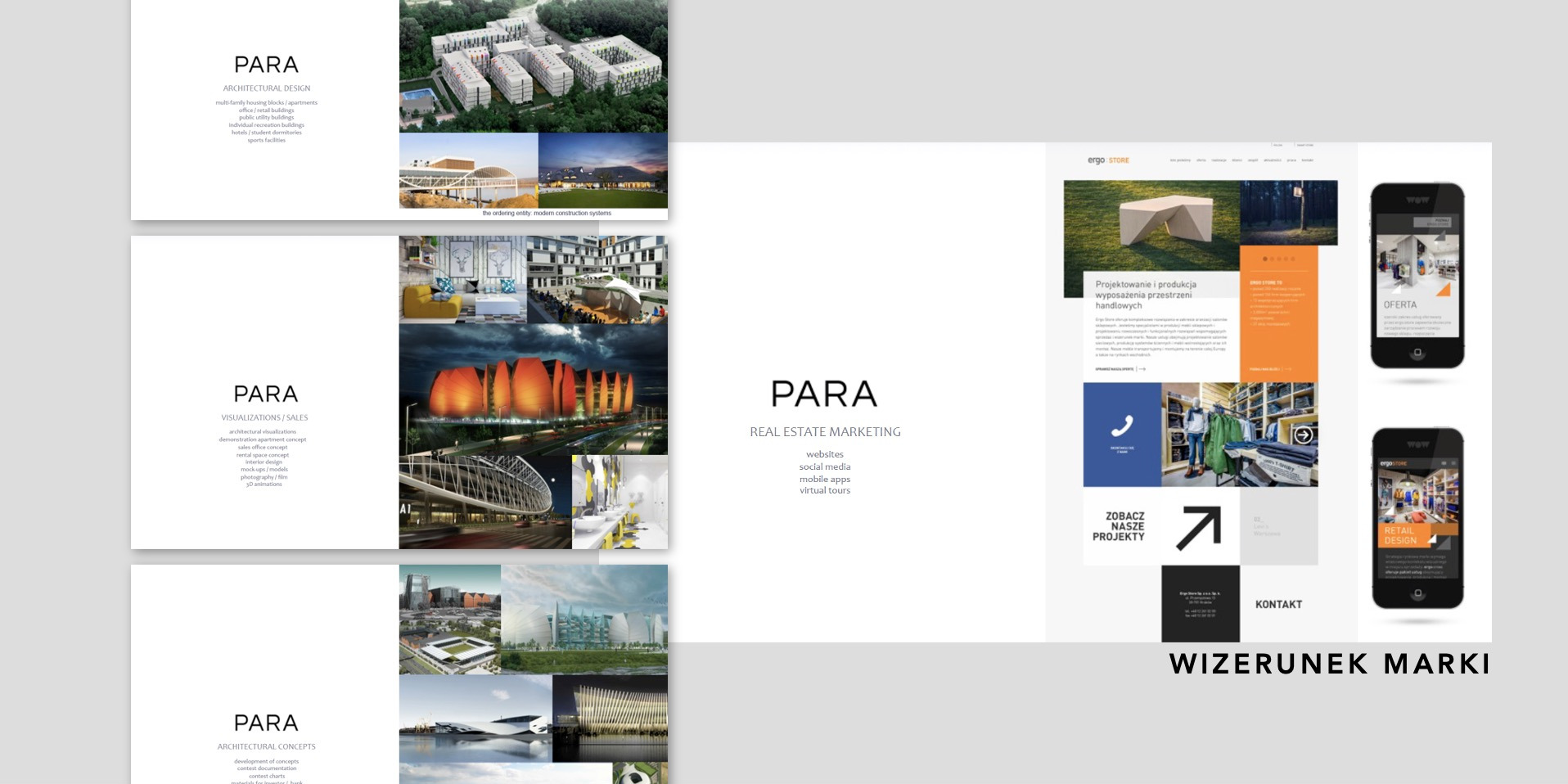 Kolaż prezentujący wizualizacje architektoniczne i projekty stron internetowych, w tym wizualizacje budynków mieszkalnych, biurowych, obiektów sportowych, oraz projekty stron internetowych...