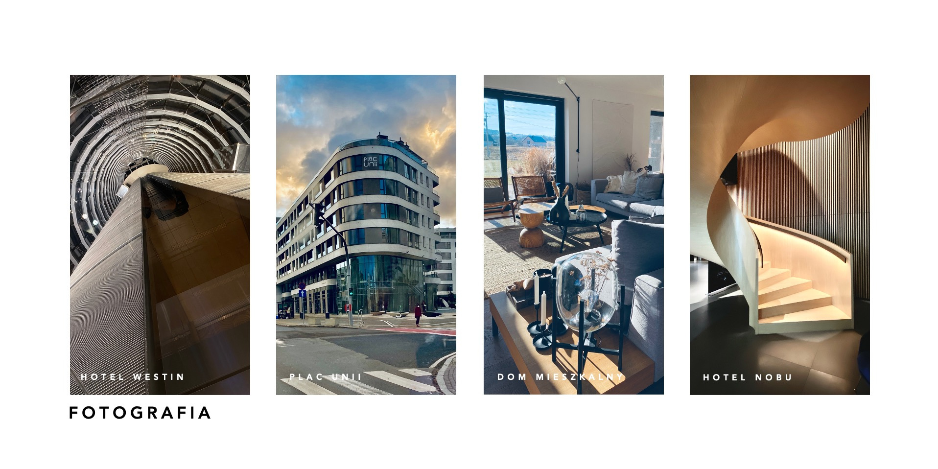 Kompozycja czterech zdjęć: spiralny parking hotelu Westin, nowoczesny budynek biurowy Plac Unii, salon w domu mieszkalnym i designerskie schody w hotelu Nobu.