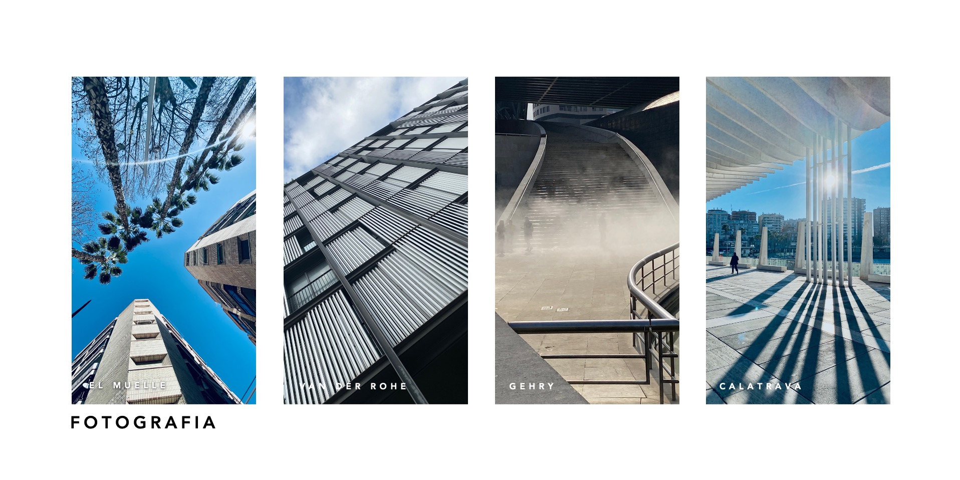 Kompozycja czterech kadrów architektonicznych: budynek z palmami widziany z dołu na tle błękitnego nieba, fasada budynku z metalowymi żaluzjami, schody we mgle z metalową barierką oraz promenada...