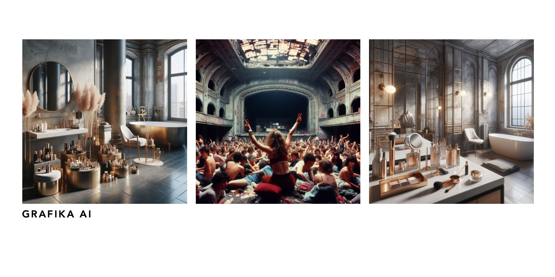 Tryptyk przedstawia luksusowe łazienki z kosmetykami oraz scenę koncertową z dużą publicznością, wszystko utrzymane w estetyce vintage i z elementami złota.