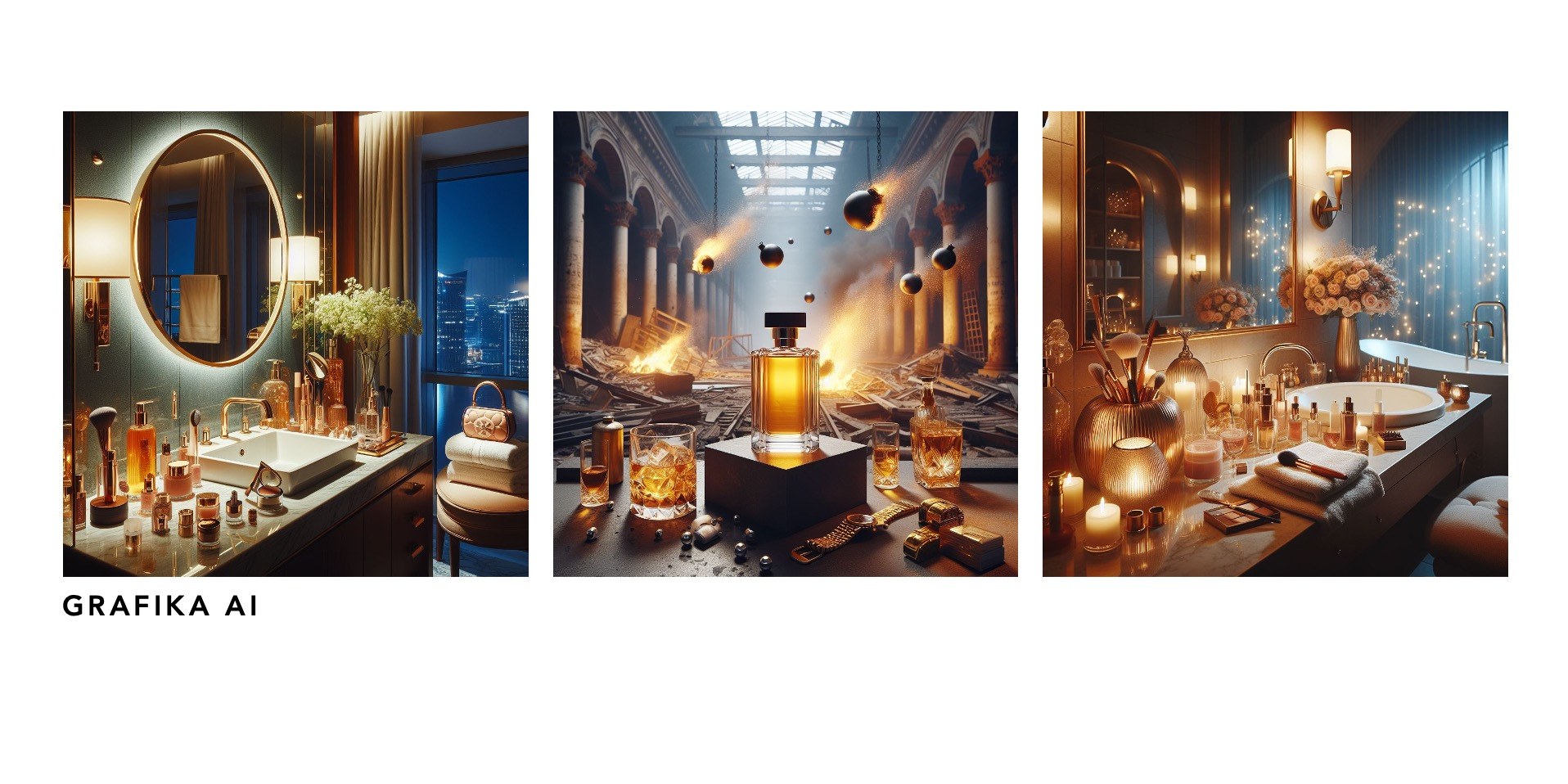 Kompozycja trzech ujęć: luksusowa łazienka z widokiem na miasto nocą, flakon perfum w otoczeniu ruin i ognia, oraz toaletka z kosmetykami i świecami.