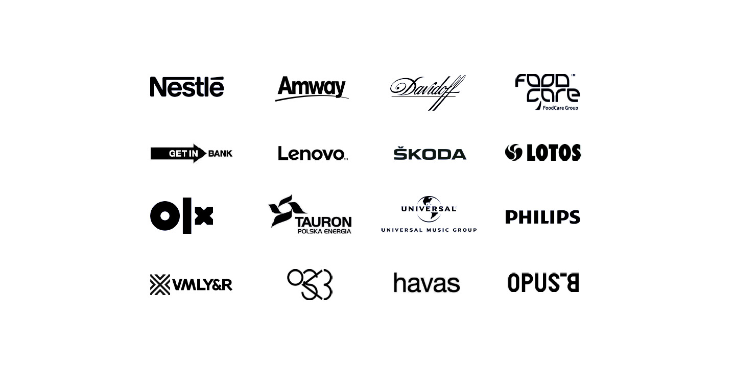 Kolekcja czarno-białych logotypów różnych firm i marek, w tym Nestlé, Amway, Davidoff, Getin Bank, Lenovo, Skoda, Lotos, OLX, Tauron, Universal Music Group, Philips, VMLY&R, Havas i Opus B...